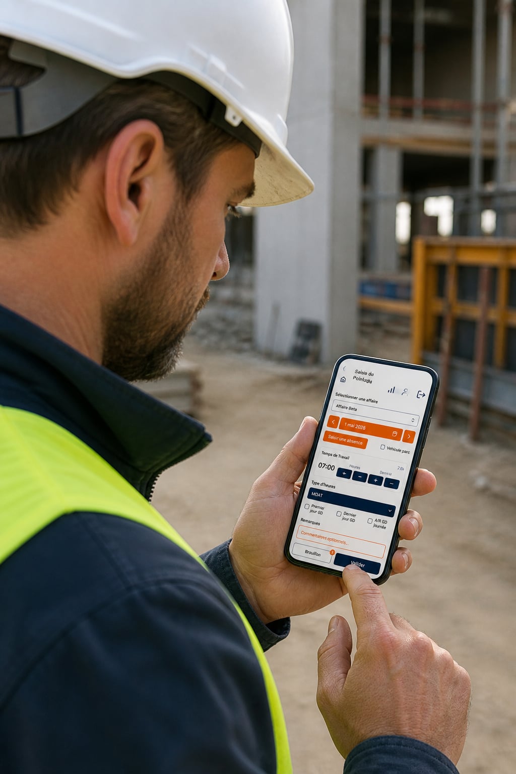 Employé en tenue de chantier saisissant un pointage sur l'application Team 5 Connect