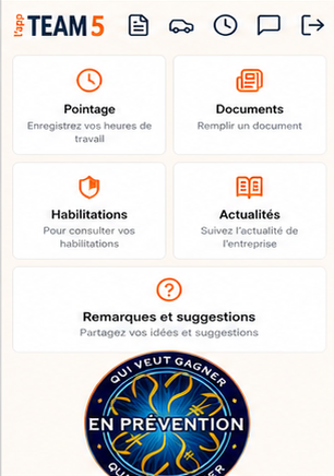 Menu d'accueil de l'application mobile avec actualités, messagerie et suggestions