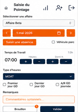 Saisie de pointage avec affaire, heures, type de travail sur l'application mobile