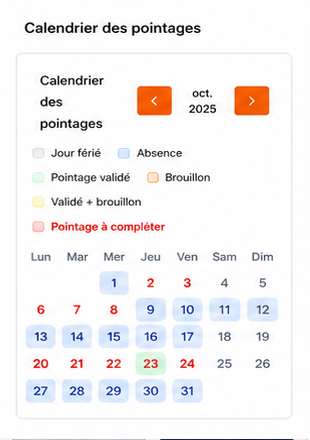 Calendrier des pointages sur l'application mobile
