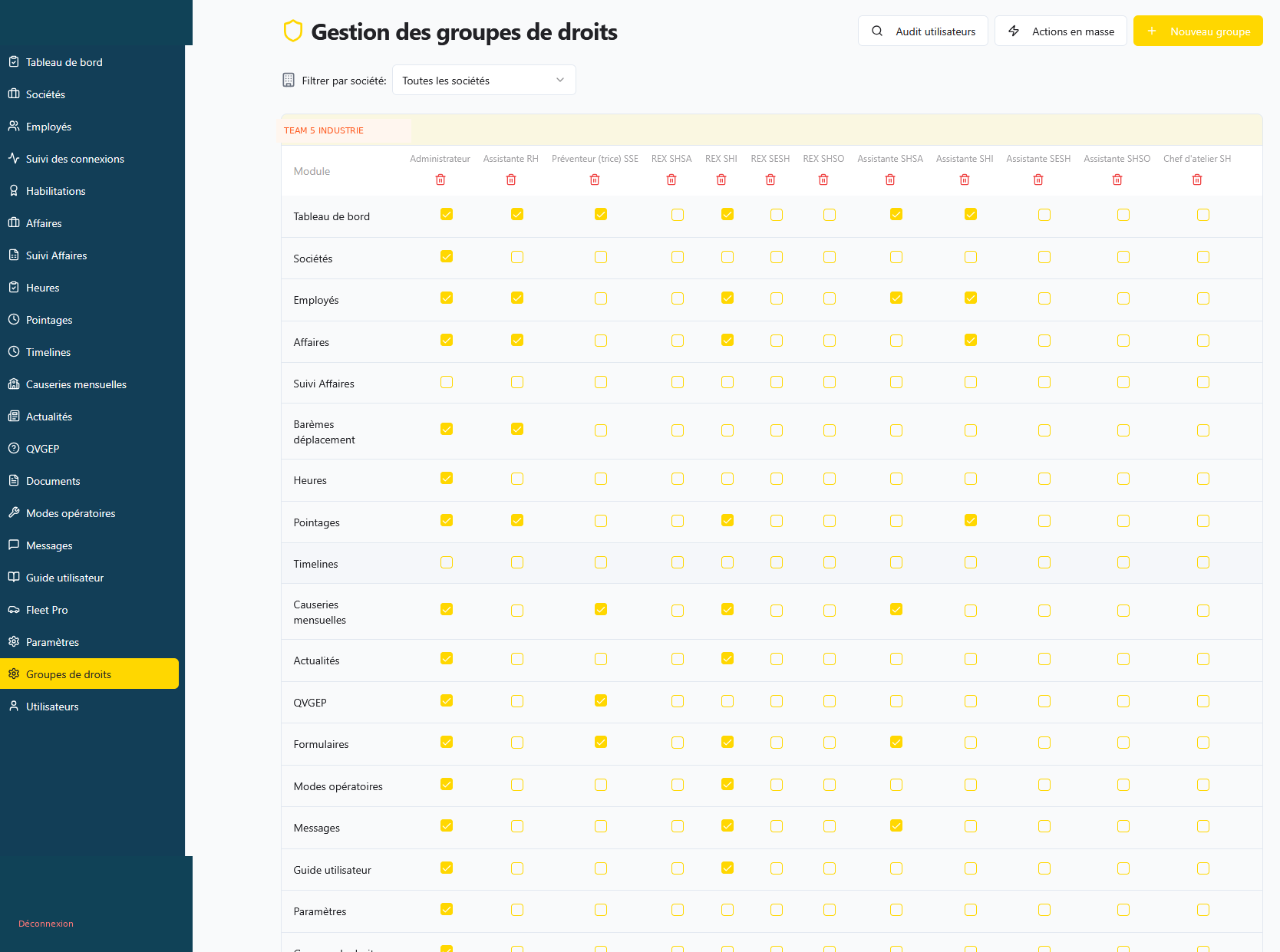 Matrice de gestion des groupes de droits par module et par entreprise